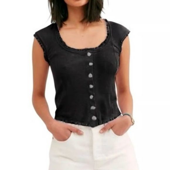 Free People Louie Louie Tee, Cropped Button up, Lettuce Hem, Black, Size S - Picture 1 of 7